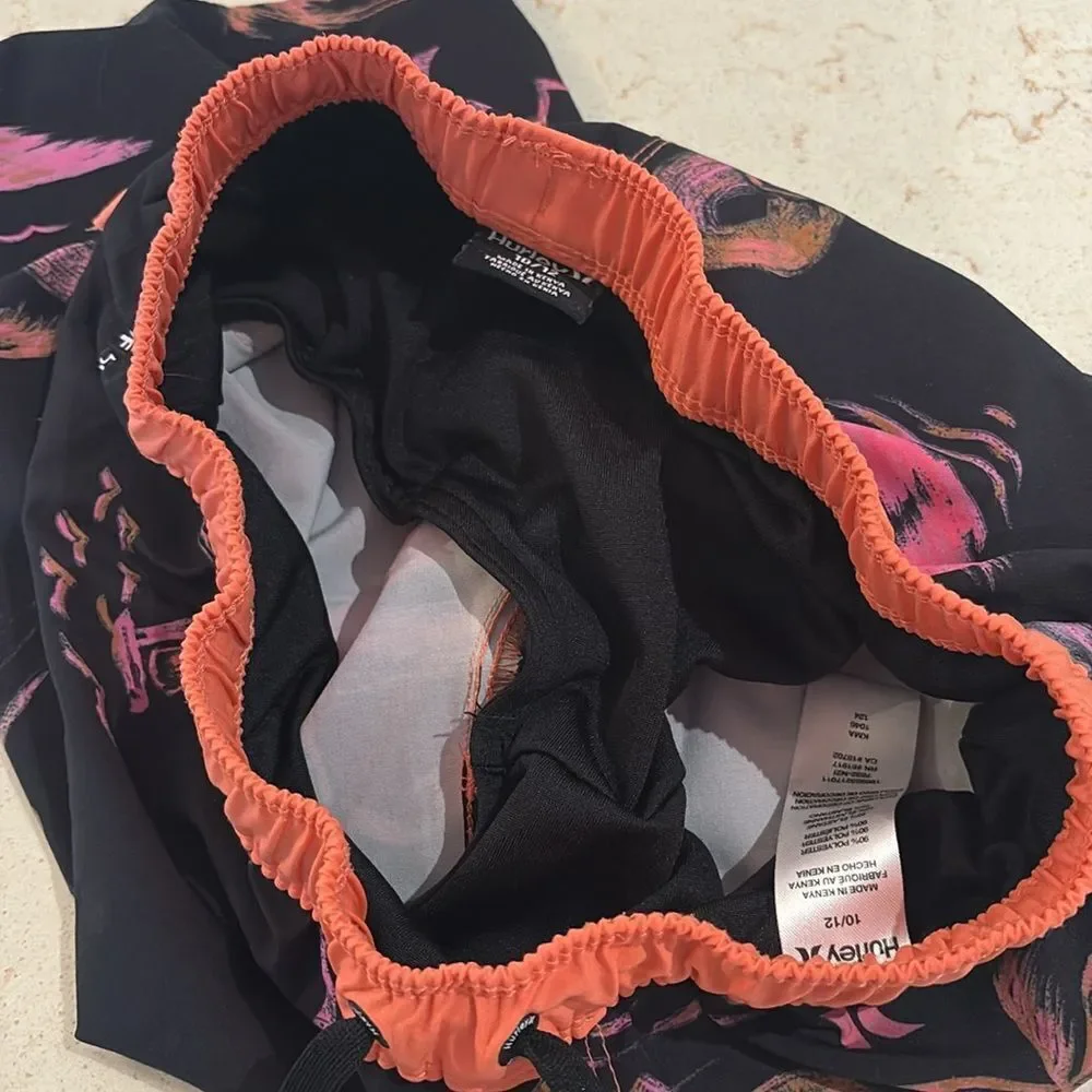 Hurley Black and Pink Board Shorts Tropical Design SZ 10/12 Neon orange and pink